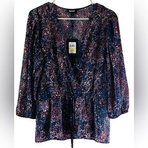 DKNY Leopard Print Tie Waist Balloon Sleeve Women’s top Blouse Sz M
